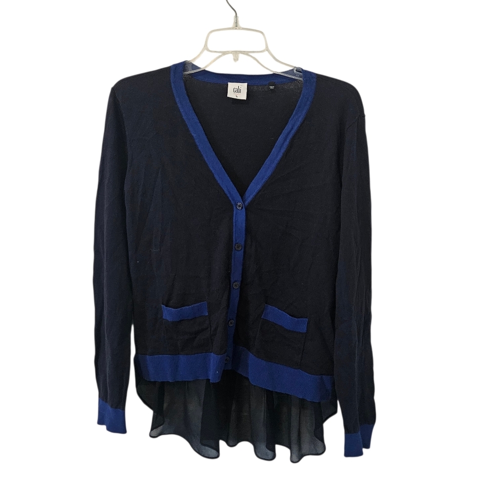 Cabi Michelle Cardigan Buttondown Sweater Sheer Ruffle Hem Patch Pockets Large